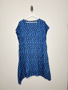 Gudrun Sjoden Blue Geometric Tunic Dress XL Cotton V Neck Pockets Boho